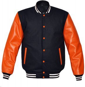 Customizable Black & Orange Varsity <b>Jacket</b> <b>Men</b> Wool Body & <b>Leather</b> Sleeves Snap Button Letterman Baseball <b>Jacket</b> - Product Image 1