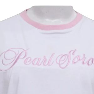 Camiseta Blanca con Ribete Rosa y Diseño Gráfico Pearl Soror, Camisa Casual de Manga Corta de Algodón para Mujer, Ropa de Moda - Product Image 4