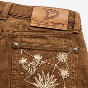 Jean en denim coupe droite pour homme Dravelle, taille haute, coupe classique, broderie florale, coton marron, style décontracté automne - Product Image 5