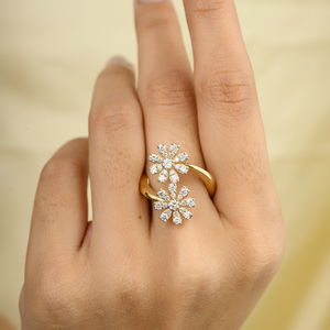 Bague de mode en gros, motif marguerite, en or jaune 14K 18K, avec diamant de laboratoire, bague ouverte ajustable, style statement - Product Image 3