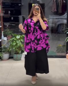 Button-<b>down</b> with bold floral prints Short and relaxed printed top and matching palazzo <b>pants</b> Heavy Fox Georgette Loose and flowy - Product Image 1