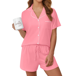 Conjunto de Pijama de Satén Rosa Coral para Mujer, Ropa de Dormir de Verano con Cuello de Solapa y Manga Corta con Pantalones Cortos - Product Image 2