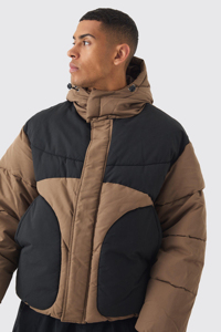 Blouson matelassé à capuche color block personnalisé, style urbain, fermeture éclair avant, beige, coupe-vent, hiver, homme, poches – Meilleures ventes - Product Image 4