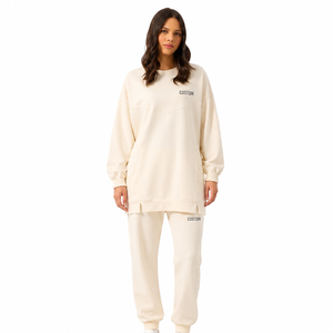 Custom Logo Women Beige Longline Sweatshirt Tapered <b>Joggers</b> Set <b>Oversized</b> Crewneck Tracksuit Two Piece Fleece Activewear Supply - Product Image 1