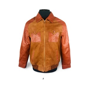 Veste en cuir de vachette marron pour homme, cuir de qualité supérieure embossé d'autruche, col rabattu, fermeture éclair, double boutonnage, poches - Product Image 1