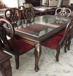 Traditional 8-seater European <b>dining</b> table <b>set</b> featuring geometric wood inlay tabletop and plush tufted <b>chairs</b>, at wholesale. - Product Image 6
