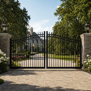 Black Iron Driveway <b>Gate</b> <b>Arched</b> Metal Entrance <b>Gate</b> Villa Fence Outdoor Security <b>Gate</b> Design with Spear Top - Product Image 3