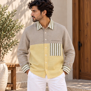 Camisa Casual de Lino 100% Puro para Hombre, con Bloques de Color, Manga Larga, Cuello Rayado, Bolsillo en el Pecho, para Vacaciones de Verano, Talla XL - Product Image 1