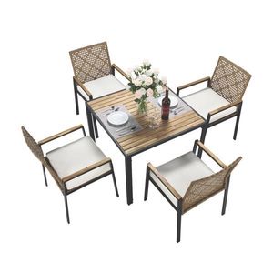 All Weather 5-Piece Acacia Wood <b>Rattan</b> Patio <b>Dining</b> <b>Table</b> Set Ye Outdoor Conversation Umbrella Hole with Comfortable Cushions - Product Image 6