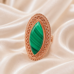 Natural Malachite Marquise Cut Sterling <b>Silver</b> Rose Gold Plated Boho <b>Statement</b> <b>Ring</b> for Women - Product Image 3