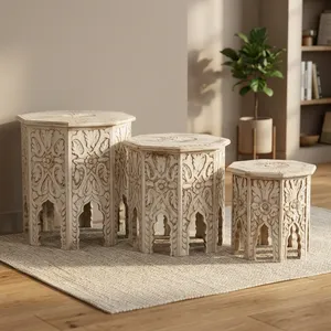 Handmade Carved Wooden <b>Nesting</b> <b>Table</b> Set of 3 Vintage Bedside Side <b>Tables</b> Rustic Farmhouse Living Room Bedroom Home Décor - Product Image 1
