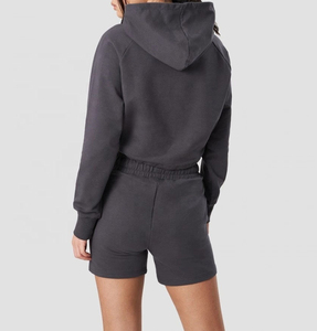 ชุดฮู้ดดี้และกางเกงขาสั้น ผ้าเทอร์รี่ถักลายเสือดาว ระบายอากาศได้ดี สปอร์ต ODM ผลิตตามสั่ง ซิปหน้า ไหล่ตก เอวยางยืด - Product Image 2