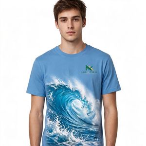 NEXTEX เสื้อยืดลายคลื่นทะเลสำหรับทุกเพศ สีฟ้า เสื้อยืดคอกลมผ้าฝ้ายเนื้อนุ่มลำลอง - Product Image 1