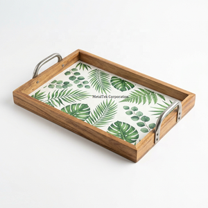 Bandeja de Servir Rectangular de Madera de Mango Premium con Asas Metálicas, Bandeja Otomana para Mesa de Centro, Decoración del Hogar, Bandejas Decorativas Ecológicas - Product Image 1