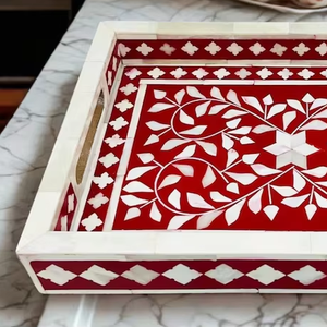 Red Bone Inlay Tray – Floral Serving Tray, Handmade Decorative Catchall, Luxury Home Decor - Product Image 5