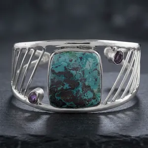 Auténtica Pulsera Abierta de Plata de Ley 925 con Azurita, Gema Azul Verde, Joyería de Diseño para Mujer - Product Image 4