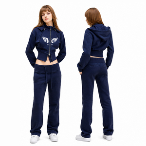Ensemble de survêtement pour femme avec sweat à capuche court zippé et pantalon de jogging taille haute, ensemble 2 pièces, tenue de sport décontractée pour la gym - Product Image 1