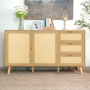 Natural Wood Storage <b>Cabinet</b> with Rattan Doors and Drawers Modern Design Spacious Shelves Durable Build for Living Room Decor - Product Image 1