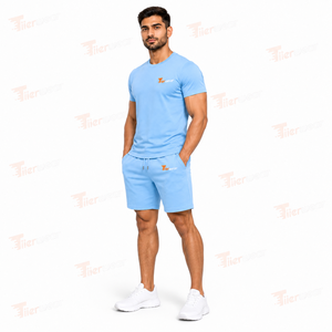 <b>Men's</b> Light Blue Casual <b>T</b>-<b>Shirt</b> <b>and</b> <b>Shorts</b> Set Knitted Cotton Breathable Summer Wear Front Logo Print <b>Men</b> <b>Shirts</b> & <b>Shorts</b> - Product Image 2