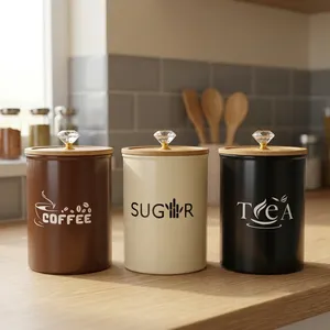 Ensemble de boîtes à café, sucre et thé en acier inoxydable de qualité alimentaire, personnalisables, hermétiques, avec couvercle en bois, design moderne et minimaliste - Product Image 1