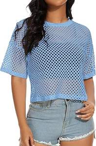 Camisetas sexys para mujer con estampado, holgadas, informales, de malla transparente, con encaje, hombros descubiertos, camiseta de malla de manga corta, top corto - Product Image 4