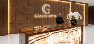 Comptoir de réception contemporain en bois et onyx rétroéclairé sur mesure de luxe pour hall d'hôtel, bureau, salon, centre commercial - Product Image 3