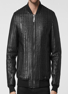 Blouson Bomber Noir en PU Gaufré pour Homme, Style Moto Biker, Col Montant, Fermeture Éclair, Coupe Droite, Idéal Automne - Product Image 5