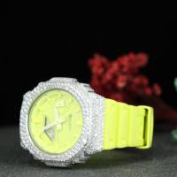 Montre personnalisée G-Sh0 GA2100 à mouvement quartz, sertie de diamants Moissanite, bracelet en caoutchouc de luxe Hip Hop pour hommes, 42 mm