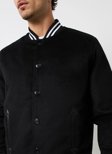 SINEWY SPORTS Men's Black Eco-Friendly Winter Varsity Jacket Wool Blend Snap Button Front <b>Quilted</b> Lining Sporty Style - Product Image 4