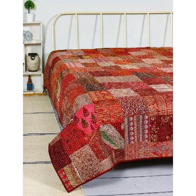 Винтажное одеяло из индийского шелка Kantha, двухстороннее покрывало, лоскутное одеяло Kantha для декора