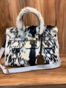 Sac fourre-tout en cuir de vachette noir et blanc pour femmes, sac à main occidental fait main - Product Image 1