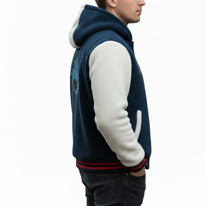 Chaqueta Varsity con Capucha para Hombre, Color Azul Marino y Blanco, con Forro Polar Grueso, para Invierno, con Parches Bordados con la Letra C en Chenilla - Product Image 3