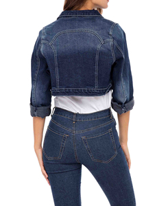 Women Dark Blue Wash <b>Cropped</b> <b>Denim</b> <b>Jacket</b> Button Front Long Sleeve Slim Fit Casual Jean Outerwear Fashion Coat - Product Image 5