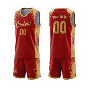 Custom Sublimated Basketball Jersey Set V-Neck Sleeveless Red Gold Print Moisture Wicking Unisex <b>Athletic</b> Wear - Product Image 1