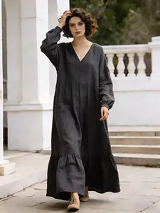 Robe longue bleu marine pour femme en coton et lin, coupe ample, manches longues, col en V, style bohème décontracté à volants - Product Image 5