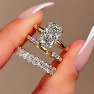 Premium Cushion Cut Solitaire Engagement <b>Ring</b> with Oval Cut Wedding Band Moissanite Diamond <b>Ring</b> from <b>Indian</b> Supplier. - Product Image 1