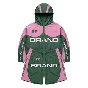 Mens Premium 120 GSM Polyester Windbreaker Short Set Green <b>Pink</b> Panel Design Custom Sublimation Print Logo plus size - Product Image 1