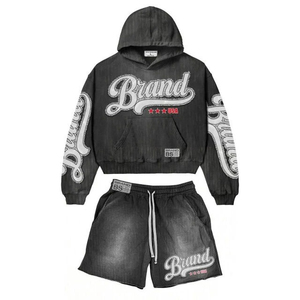 2026 Custom Brand Patch Printed Acid Wash Zip Hoodie & Shorts Set Heavyweight 100% Cotton 400 GSM Fleece Hoodie Set - Product Image 1
