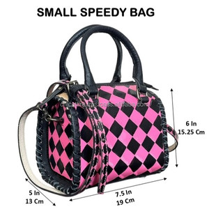 Designer Pink & Black Checkered Hand <b>Tooled</b> <b>Leather</b> Small Speedy Bag Compact Women Top Handle Mini Shoulder Crossbody Duffel Bag - Product Image 2
