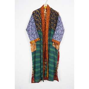 Kimono Robe Unique Fait Main Vintage Japonais 100% Soie Satinée Col en V avec Cordon de Serrage pour Femme, Patchwork Long Élégant et Doux pour l'Été - Product Image 4