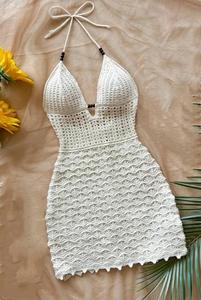 Minivestido Halter Blanco de Ganchillo Hecho a Mano con Patrón de Encaje y Espalda con Lazos - Product Image 6