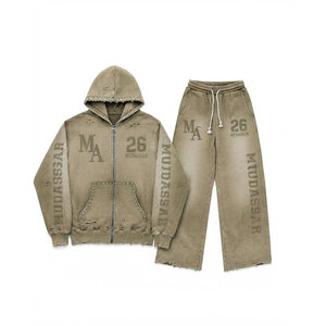 Mudassar Khaki Acid Washed Beaded Tracksuit Set Cotton Polyester Hoodie Joggers Loose Fit 380 Gsm Casual <b>Heat</b> Transfer Print <b>Log</b> - Product Image 1
