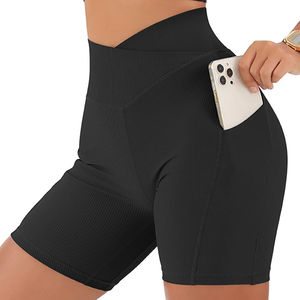 Shorts de yoga taille haute élastique pour femme, toutes tailles, OEM, couleur unie, compression, effet froncé fessier, contrôle du ventre, Spandex/Nylon - Product Image 1