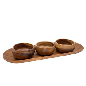 Handmade Eco-Friendly Acacia Wood Serving <b>Tray</b> Set with 3 Dipping Bowls Natural Polished Food-Grade Wooden Appetizer Platter - Product Image 6