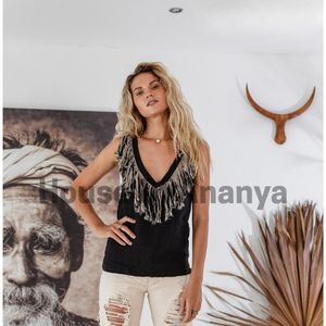 Haut en lin noir à franges, vêtements bohèmes pour femmes, haut en lin hippie bohème, haut en lin bio, cadeau pour elle pour les festivals Goa Ibiza - Product Image 4