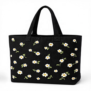 Custom Logo Eco Friendly Recycled Floral Design <b>Black</b> Organic Cotton Canvas Grocery Carry <b>Tote</b> Shopping <b>Bag</b> for Grocery - Product Image 1