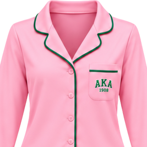Women's Pink Pajama Set with Green Piping and AKA® 1908 Embroidery <b>Long</b> Sleeve Button Front Shirt Matching Drawstring Trouser - Product Image 3