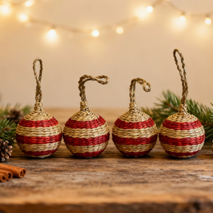 Boule décorative en jonc de mer rouge pour Noël, ornement suspendu en fibre naturelle tressée à la main, fabricant Kingcraftviet - Product Image 4