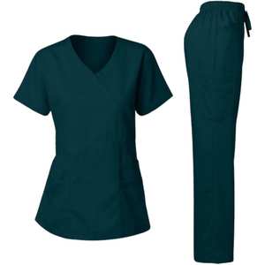 Tenue médicale vert foncé pour infirmières et personnel hospitalier – Blouse et pantalon respirants en mélange de coton à col en V – Fabricant - Product Image 3