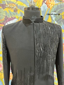 Traje Jodhpuri TR Lachka Negro Intenso Resistente a las Arrugas con Chaqueta Asimétrica con Relieve 3D de Enredadera de Sauce y Bordado de Cuentas - Product Image 1